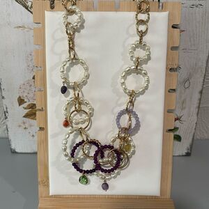 Zara Faux Pearl Bead and Stone Necklace Gold Tone